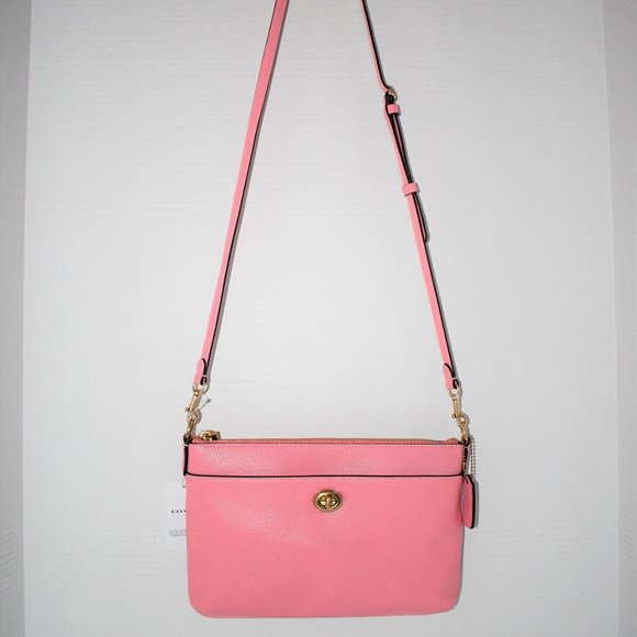 COACH Polly Pebble Leather Top Zip Crossbody Bag in Bubblegum #C3376 NWT - Picture 1 of 6